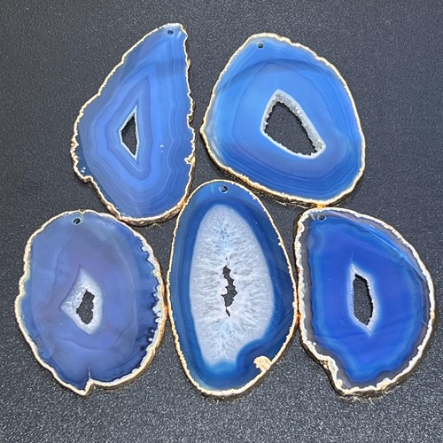 Drilled hole blue agate slices - drilled,